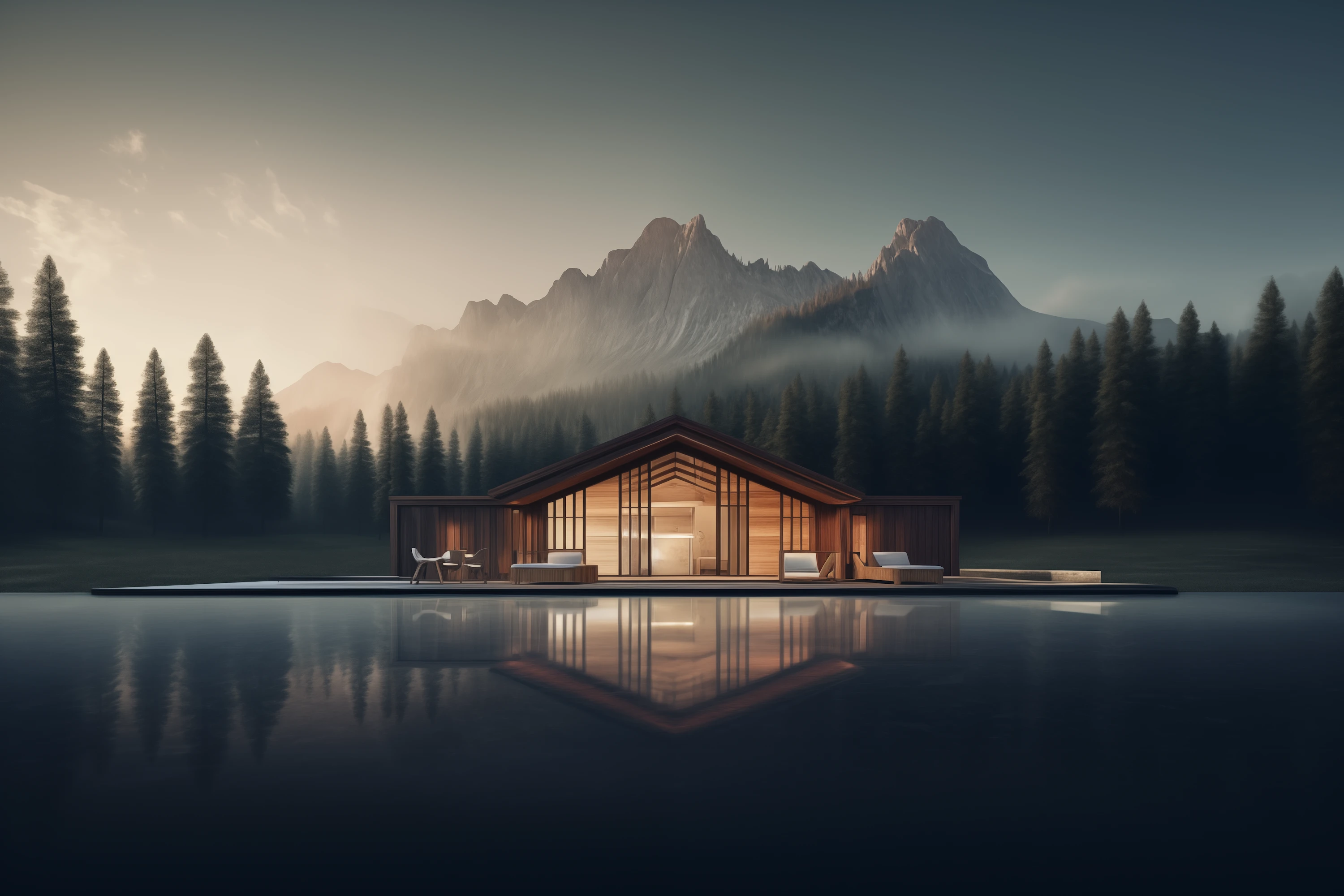 Mountains and forests with two cabins